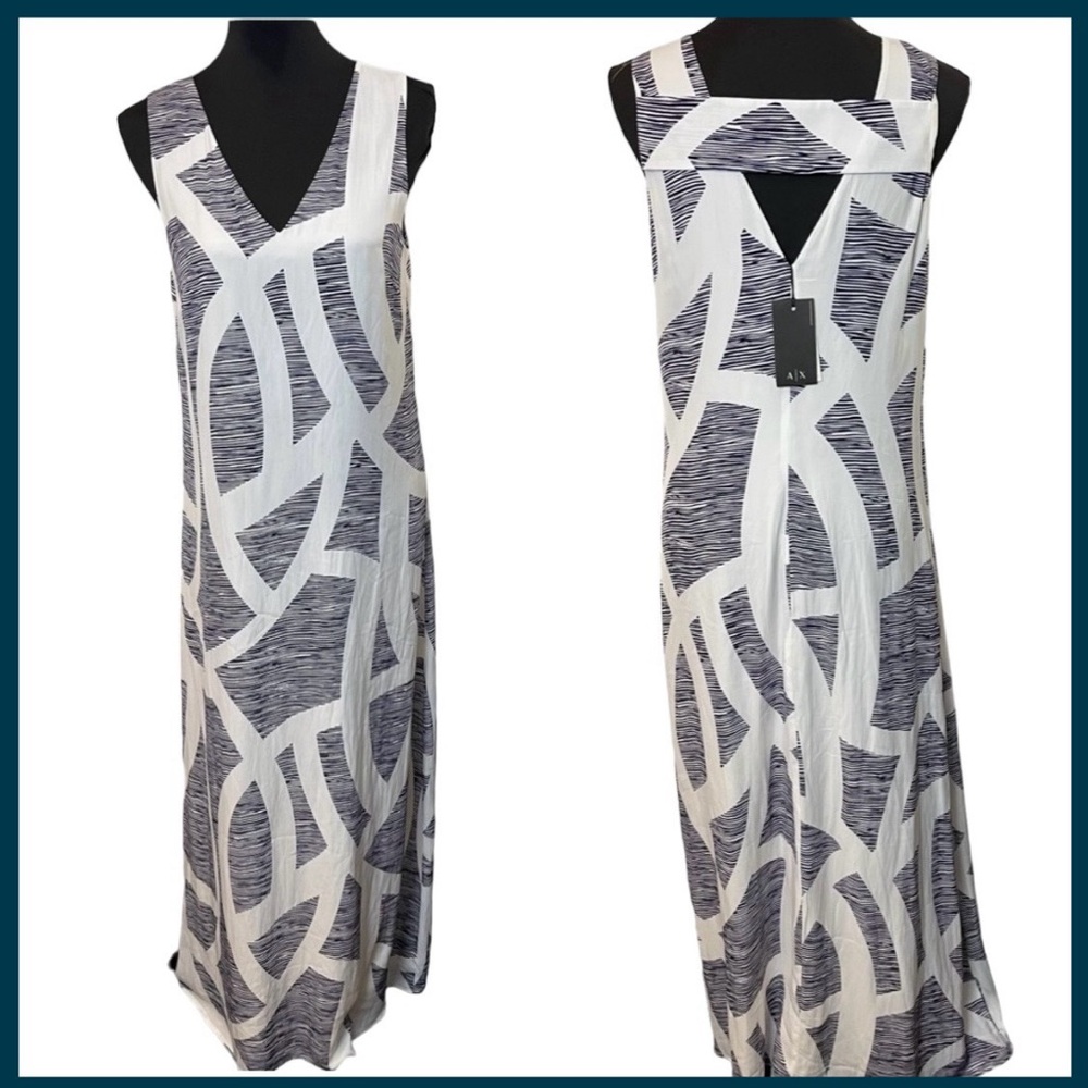 NWT A/X Armani Exchange Navy White Pattern Sleeveless Maxi Dress (8 Short) lined